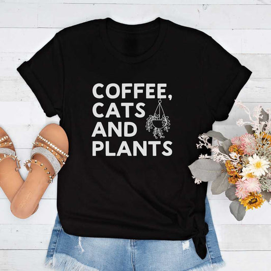 Short-Sleeve Coffee, Cats and Plants  Shirt