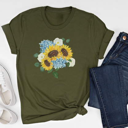 Short-Sleeve Sunflower, Hydrangea, and Eucalyptus Bouquet Shirt