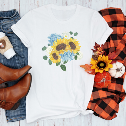 Short-Sleeve Sunflower, Hydrangea, and Eucalyptus Bouquet Shirt