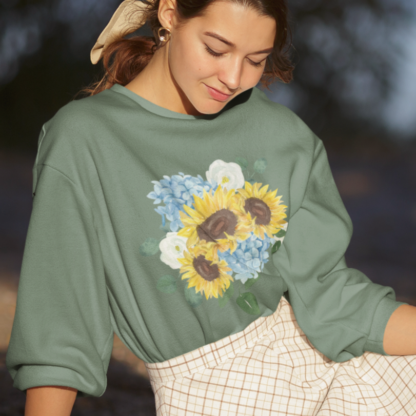 Sunflower, Hydrangea, and Eucalyptus Bouquet Sweatshirt