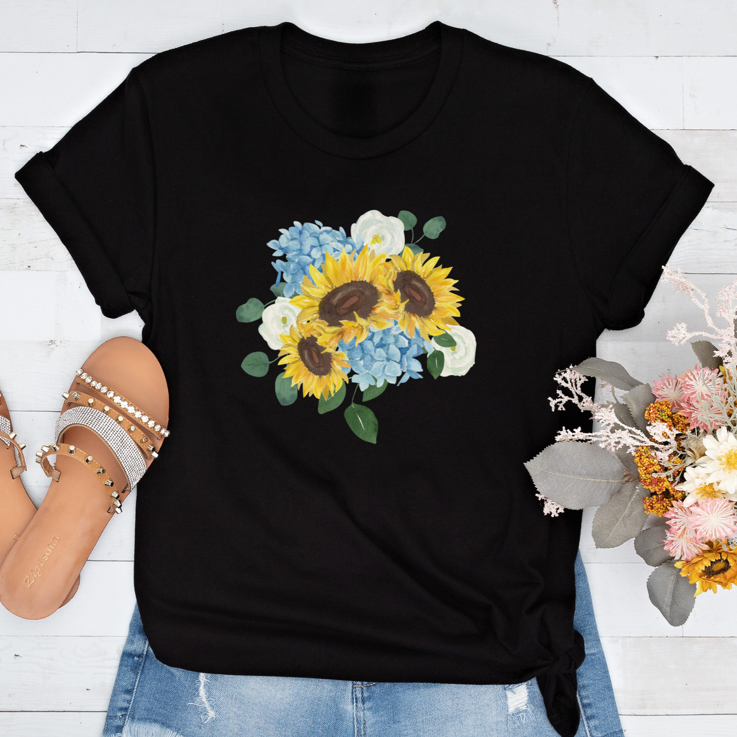 Short-Sleeve Sunflower, Hydrangea, and Eucalyptus Bouquet Shirt