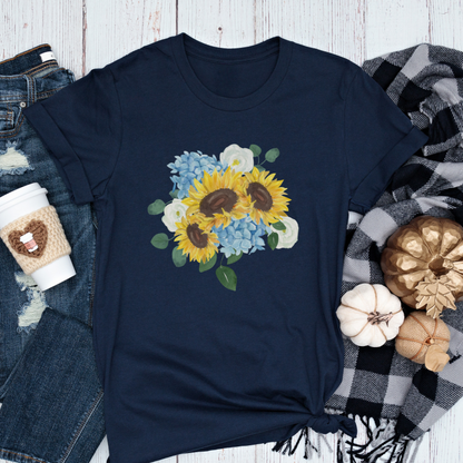 Short-Sleeve Sunflower, Hydrangea, and Eucalyptus Bouquet Shirt