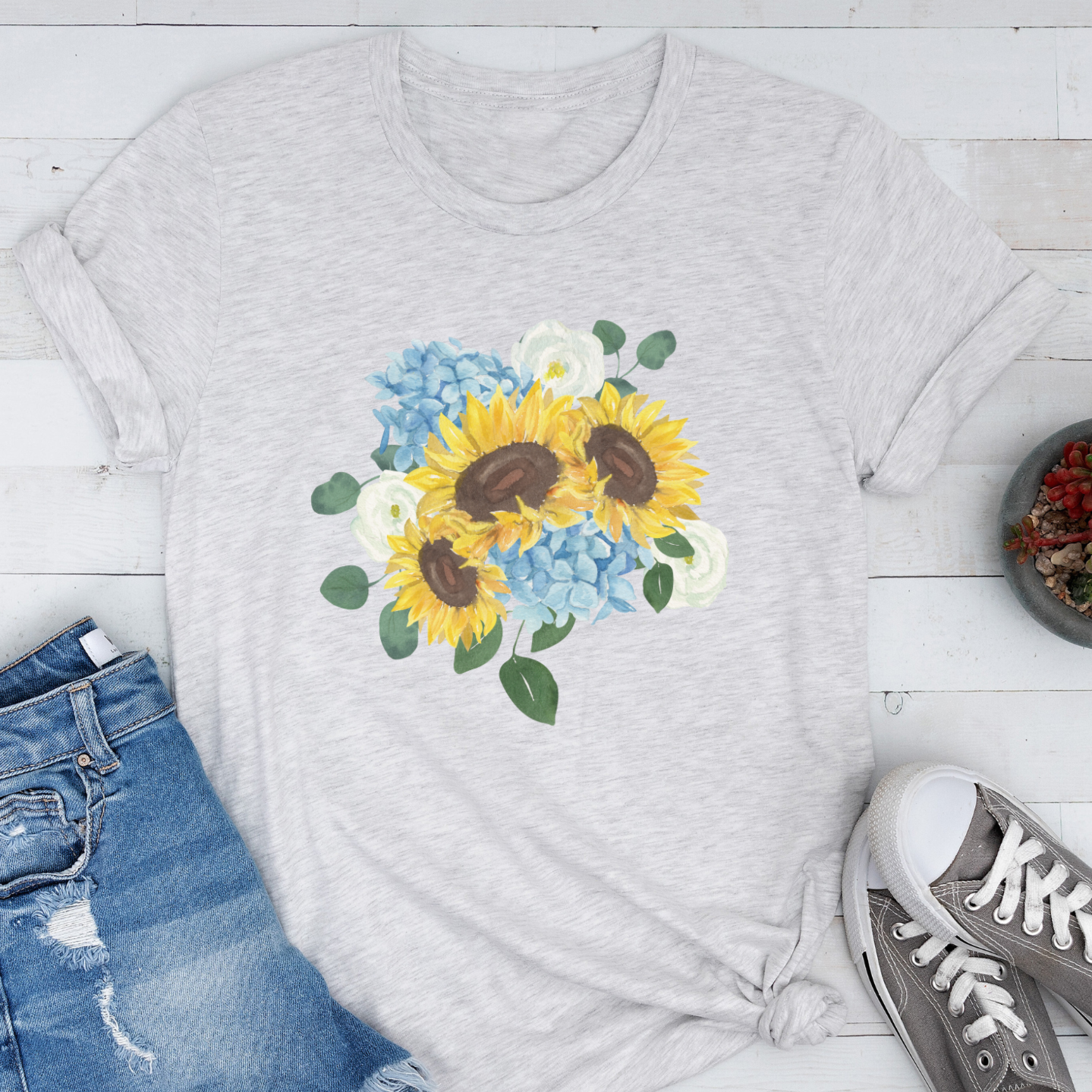 Short-Sleeve Sunflower, Hydrangea, and Eucalyptus Bouquet Shirt